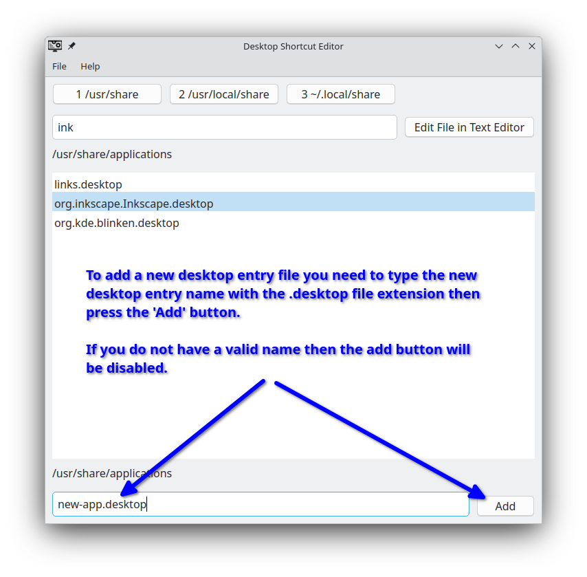 Desktop Shortcut Editor Add Screen