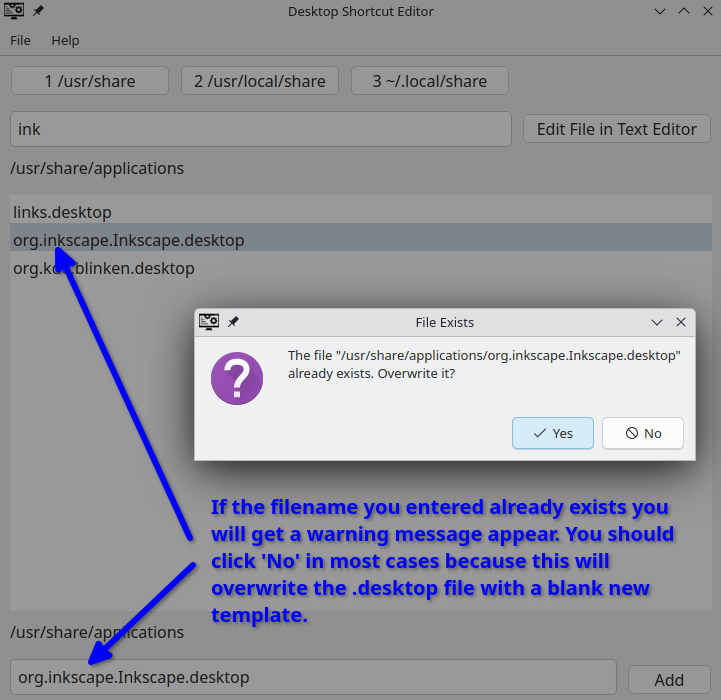 Desktop Shortcut Editor Overwrite Screen