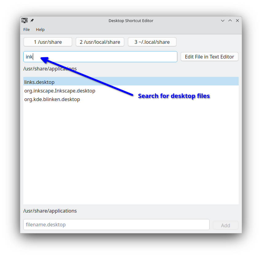 Desktop Shortcut Editor Search Screen